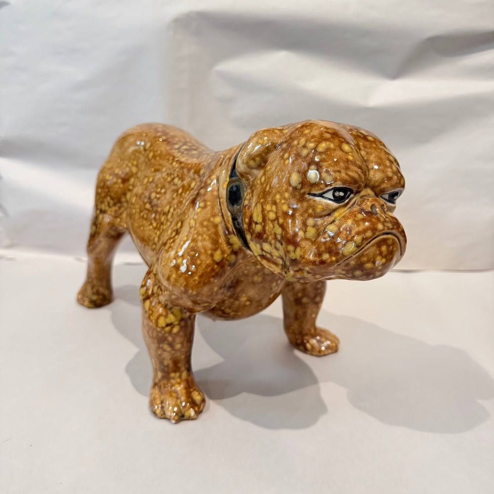 Vintage European Majolica English Bulldog‎ Statue Ceramic Amber Mottled Chipped